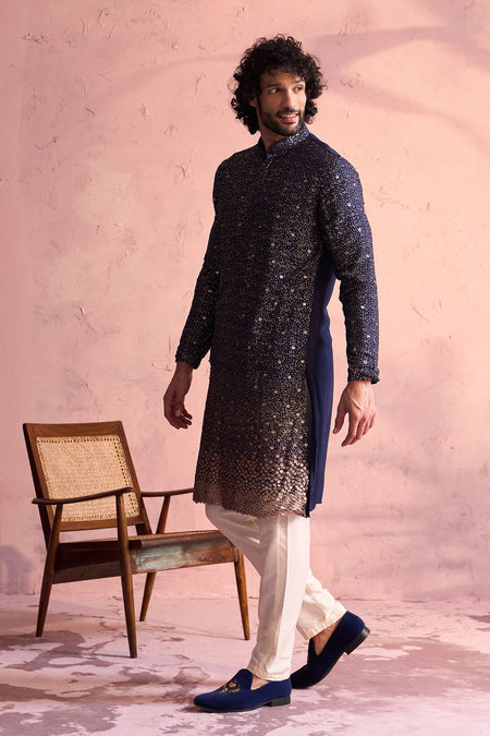 SHRESTHA By VASTRAMAY Men's Navy Blue Georgette Zari With Sequins Worked Kurta pant Set